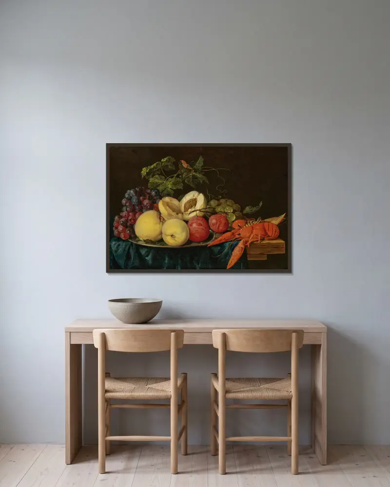 Fruit on a silver platter with lobsters on a partially draped table av Jan Davidsz de Heem inramad på en vägg
