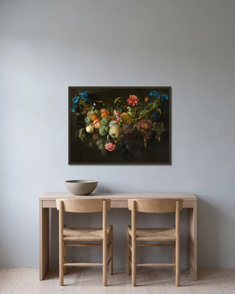 Garland of Fruit and Flowers (probably 1650 - 1660) av Jan Davidsz de Heem inramad på en vägg