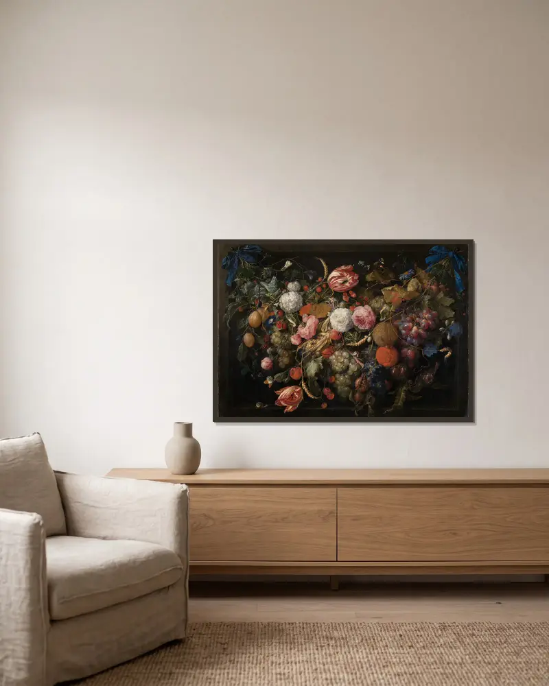 Girlande von Blumen und Früchten av Jan Davidsz de Heem inramad på en vägg