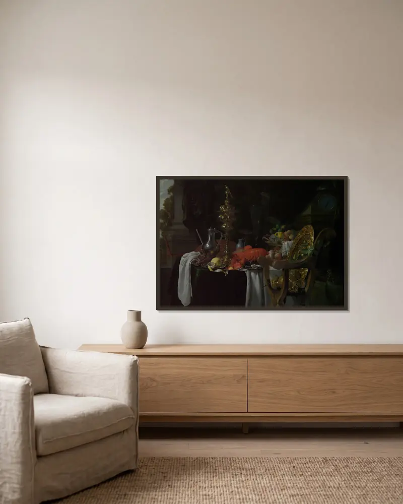 Still Life; A Banqueting Scene av Jan Davidsz de Heem inramad på en vägg