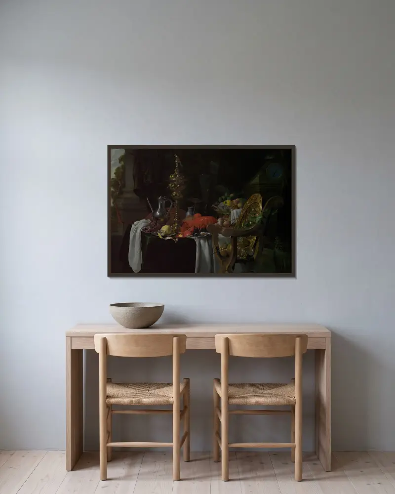 Still Life; A Banqueting Scene av Jan Davidsz de Heem inramad på en vägg