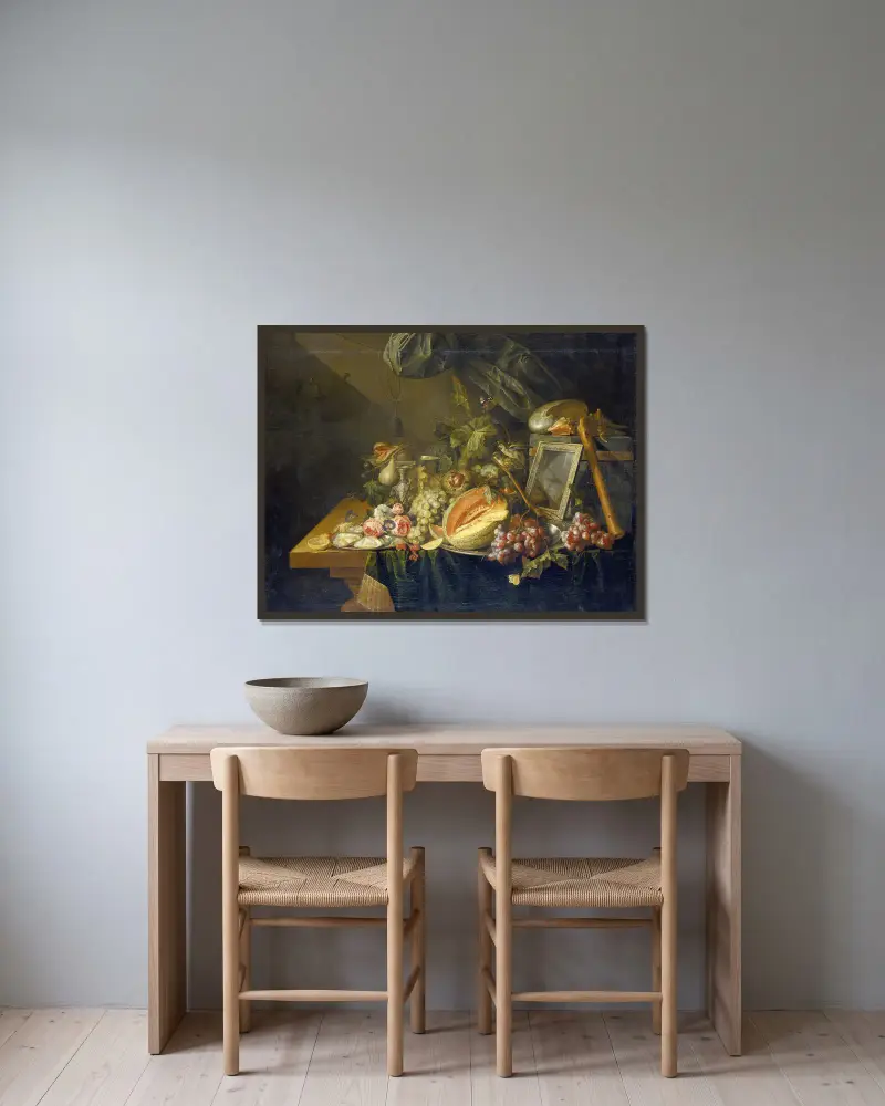 Stillleben mit kopulierenden Spatzen von Cornelis de Heem gerahmt an einer Wand