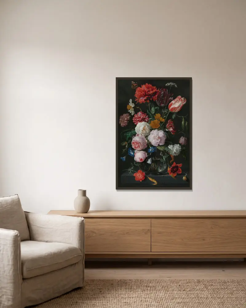 Stilleben med blommor i glasvas av Jan Davidsz de Heem inramad på en vägg