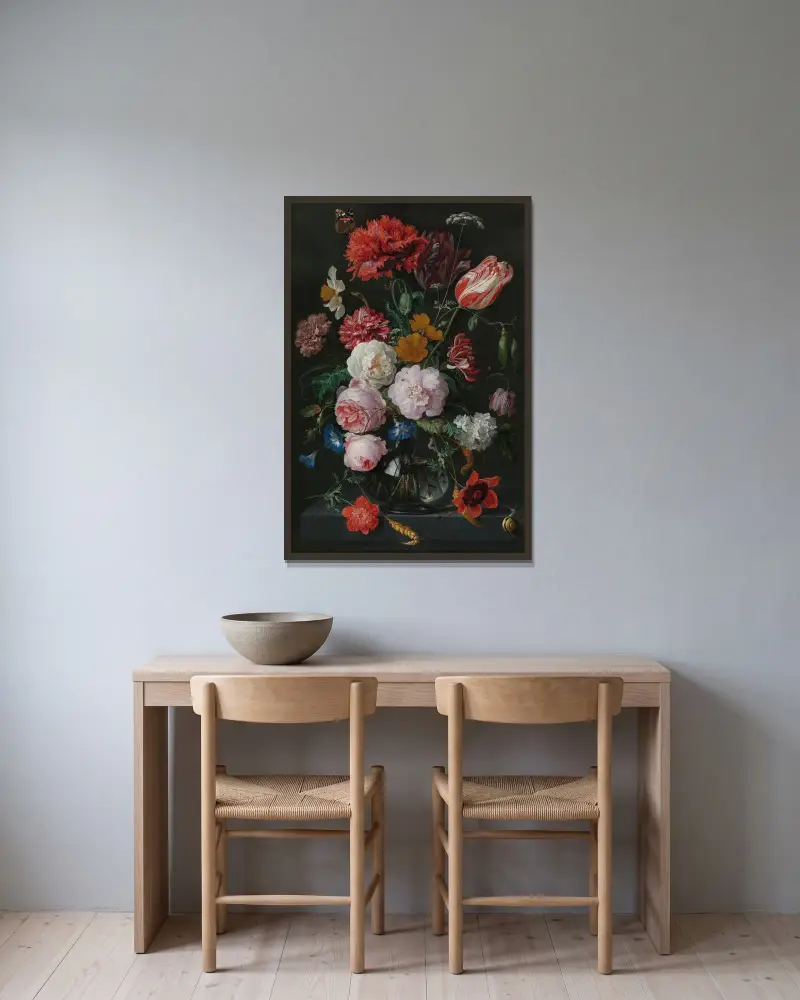 Stilleben med blommor i glasvas av Jan Davidsz de Heem inramad på en vägg