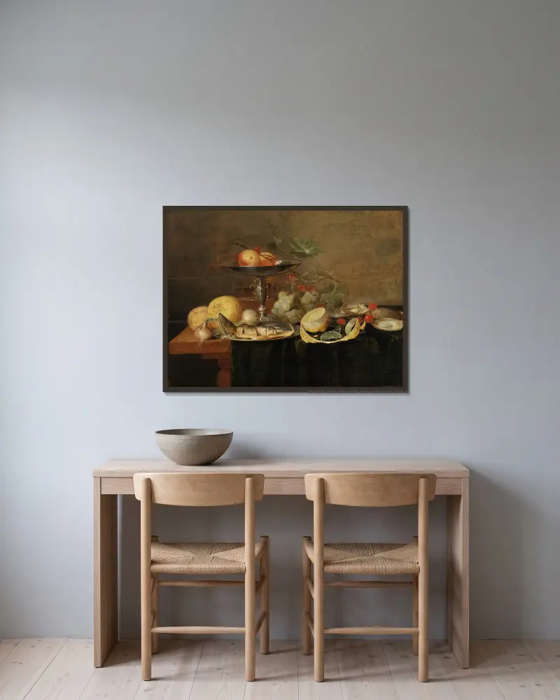 Still Life with Herring and Fruits av Jan Davidsz de Heem inramad på en vägg