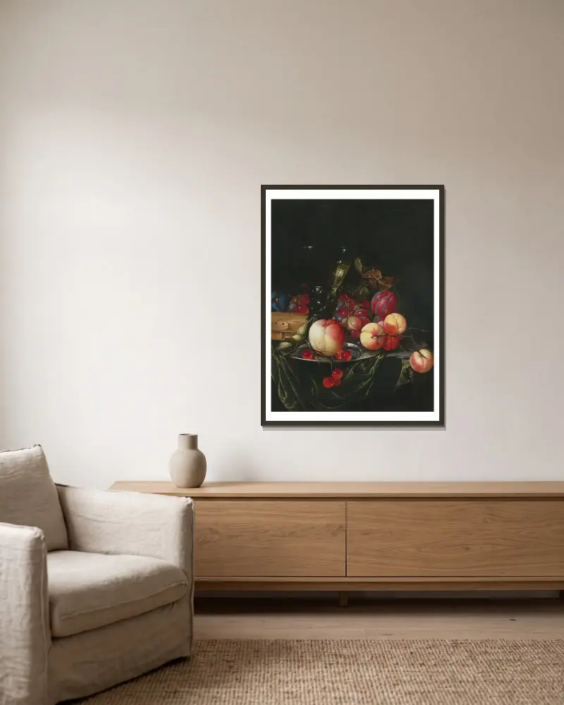 Still life with pears, grapes and plums av Cornelis de Heem inramad på en vägg