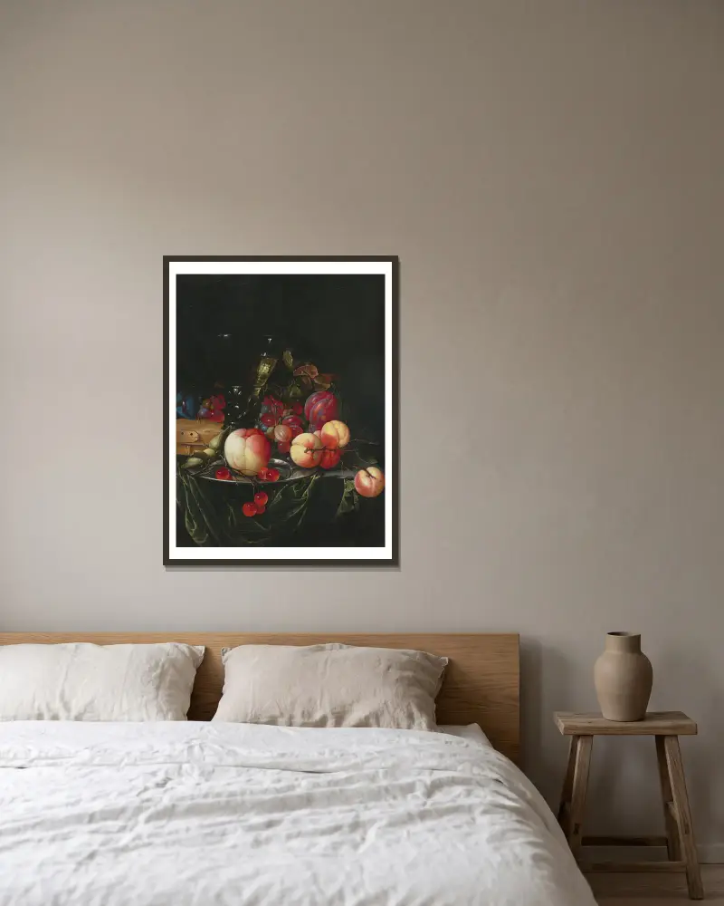 Still life with pears, grapes and plums av Cornelis de Heem inramad på en vägg