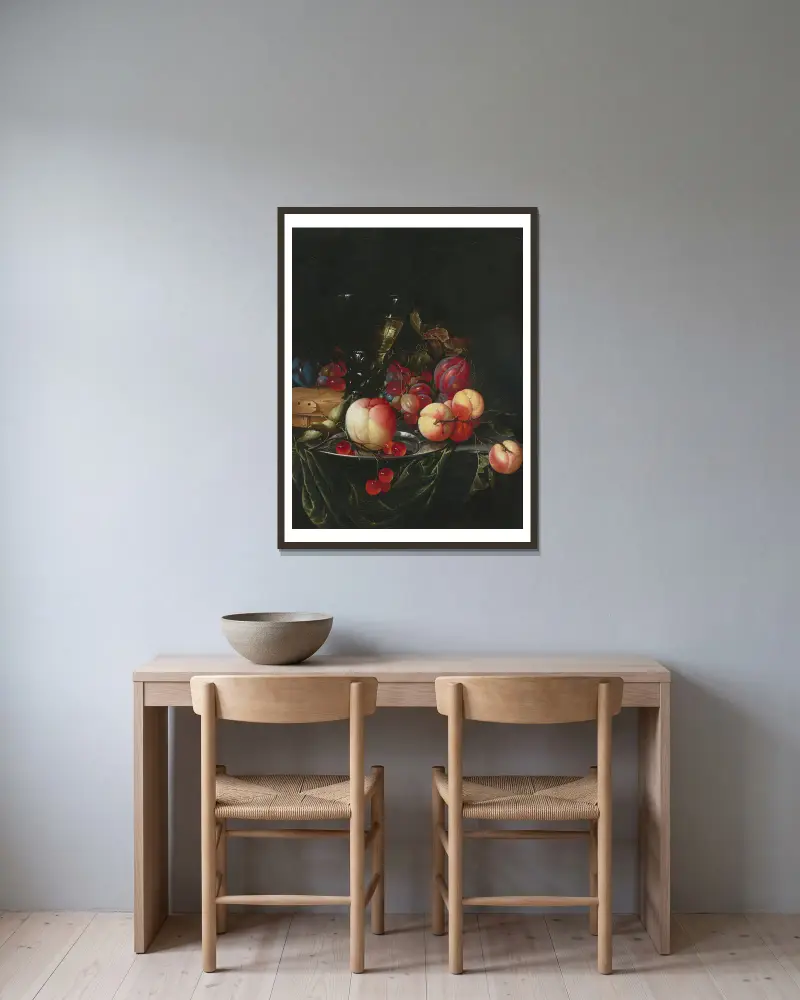 Still life with pears, grapes and plums av Cornelis de Heem inramad på en vägg