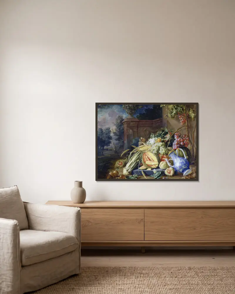 Still Life With Vegetables And Fruit Before A Garden Balustrade av Cornelis de Heem inramad på en vägg