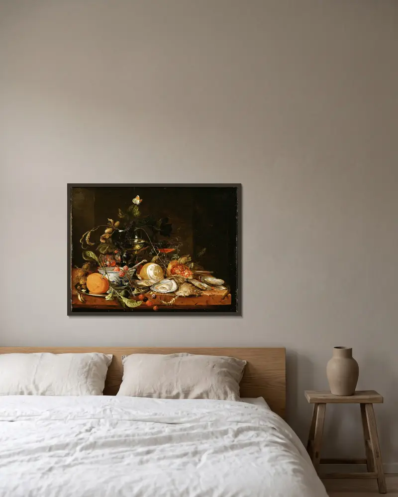 Still Life with Wine, Fruit and Oysters av Jan Davidsz de Heem inramad på en vägg