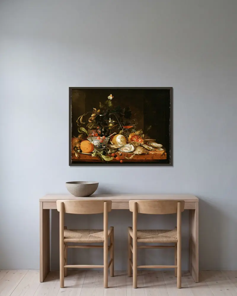 Still Life with Wine, Fruit and Oysters av Jan Davidsz de Heem inramad på en vägg