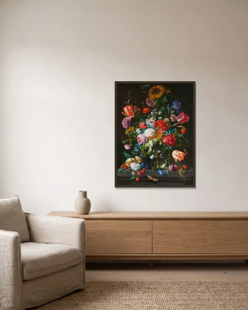 Stillleben mit Blumen und Früchten auf einer Steinkonsole av Jan Davidsz de Heem inramad på en vägg