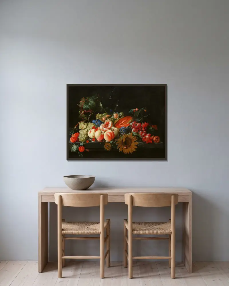 Stillleben mit Pfirsichen und Kirschen auf einer Silberplatte mit anderen Früchten, Nüssen und Sonnenblumen av Cornelis de Heem inramad på en vägg