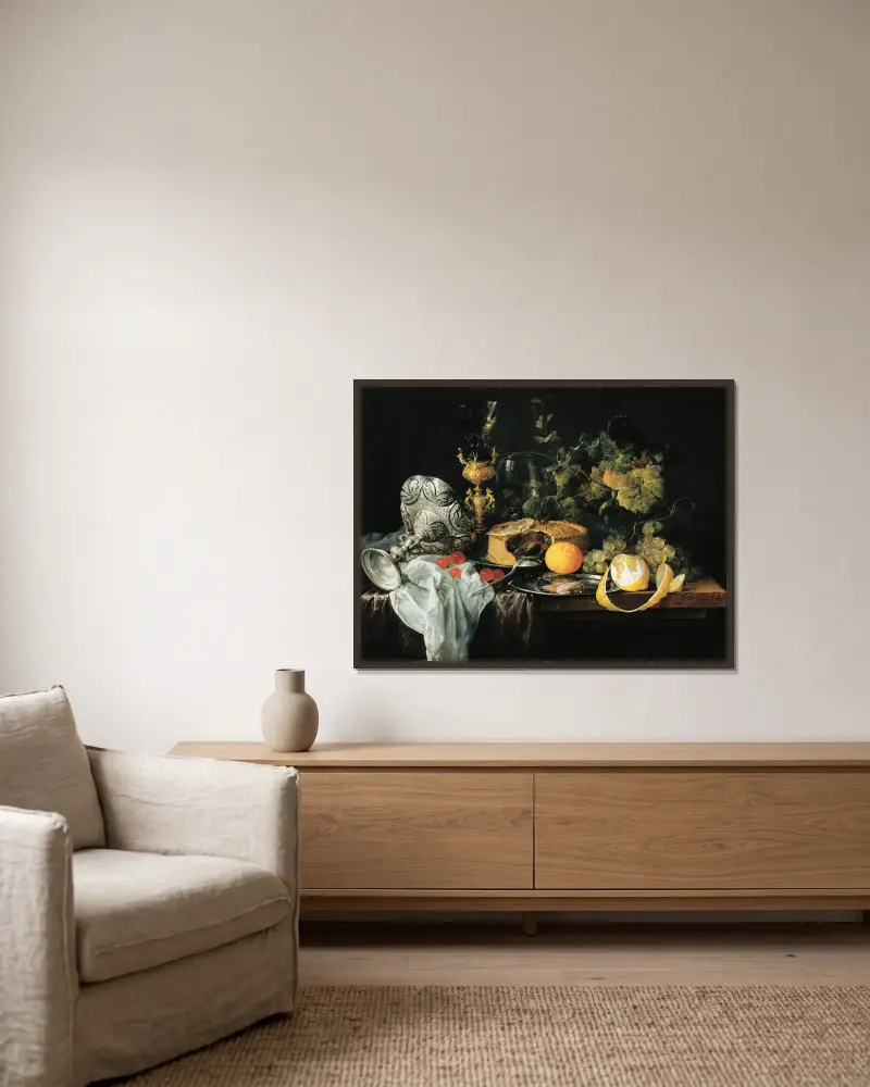 Sumptuous Still Life With Fruits, Pie And Goblets av Jan Davidsz de Heem inramad på en vägg