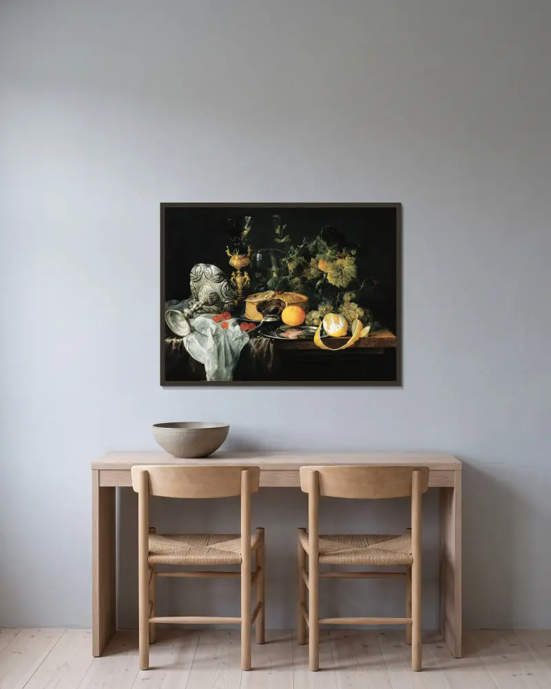Sumptuous Still Life With Fruits, Pie And Goblets av Jan Davidsz de Heem inramad på en vägg