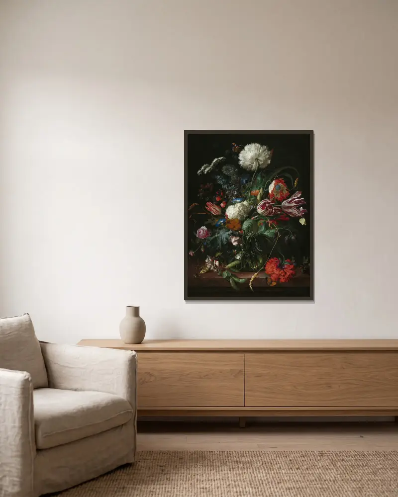 Vase of Flowers, 1660 av Jan Davidsz de Heem inramad på en vägg