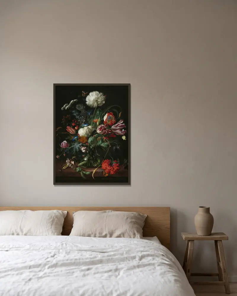 Vase of Flowers, 1660 av Jan Davidsz de Heem inramad på en vägg