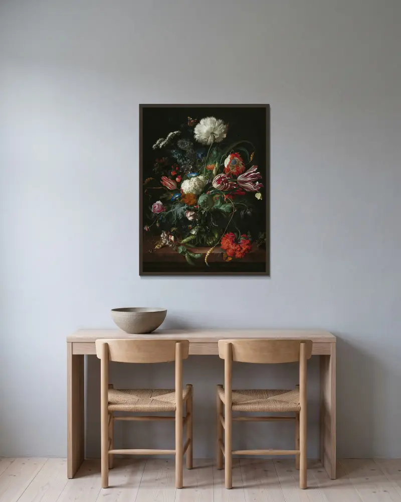 Vase of Flowers, 1660 av Jan Davidsz de Heem inramad på en vägg