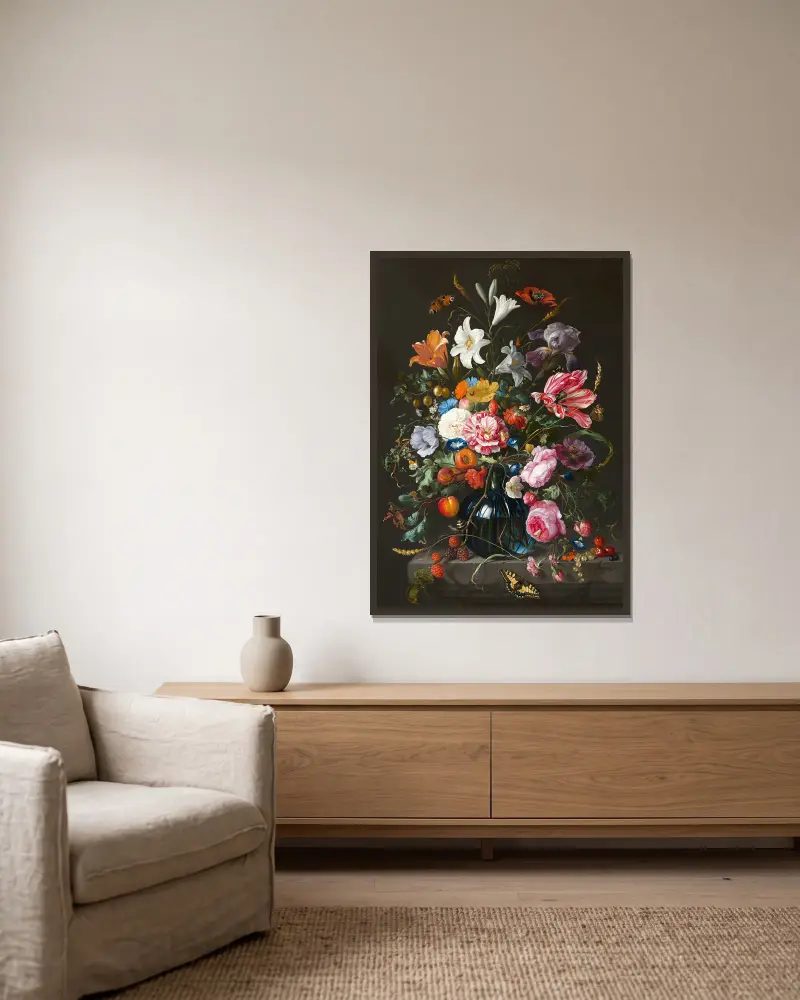 Vase of Flowers, 1670 av Jan Davidsz de Heem inramad på en vägg