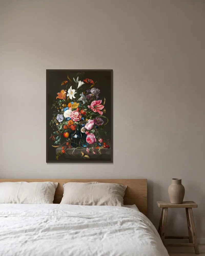 Vase of Flowers, 1670 av Jan Davidsz de Heem inramad på en vägg