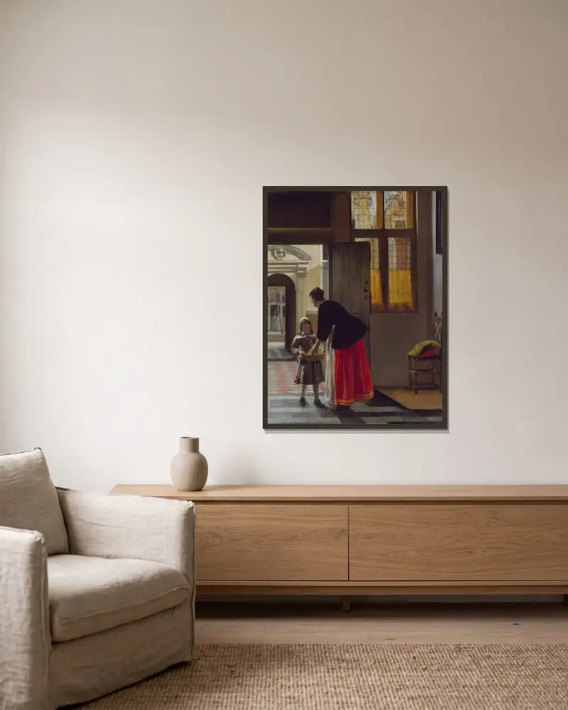 Ein Junge, der Brot bringt von Pieter De Hooch gerahmt an einer Wand