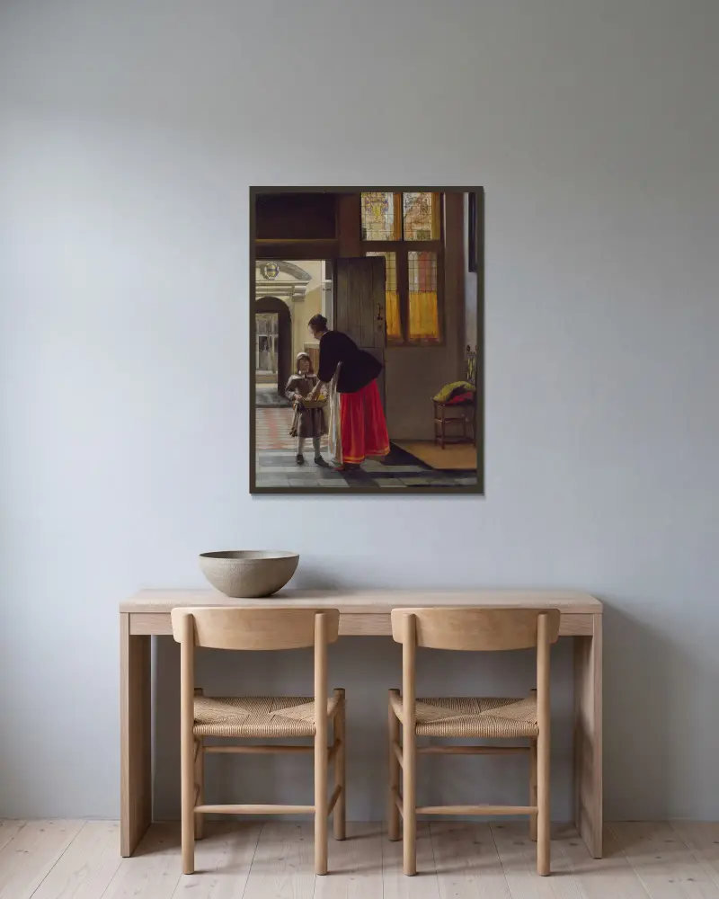 Ein Junge, der Brot bringt von Pieter De Hooch gerahmt an einer Wand