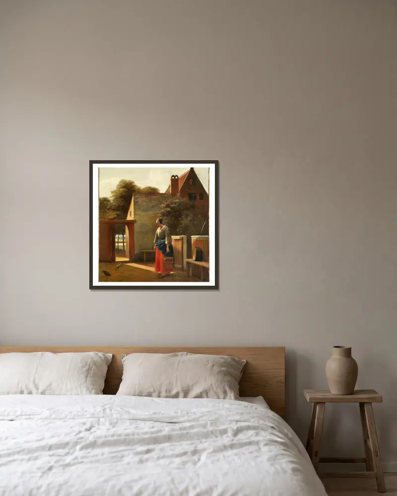 A maid with a bucket in a backyard av Pieter De Hooch inramad på en vägg