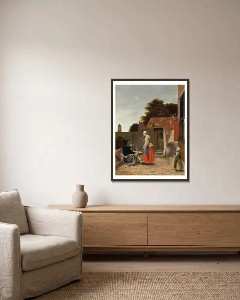 A Man Smoking and a Woman Drinking in a Courtyard av Pieter De Hooch inramad på en vägg