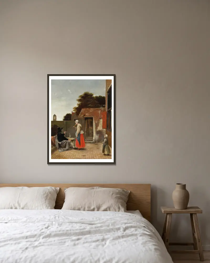 A Man Smoking and a Woman Drinking in a Courtyard av Pieter De Hooch inramad på en vägg