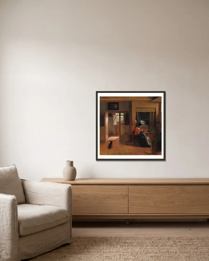 Mor som lusar sitt barn av Pieter De Hooch inramad på en vägg