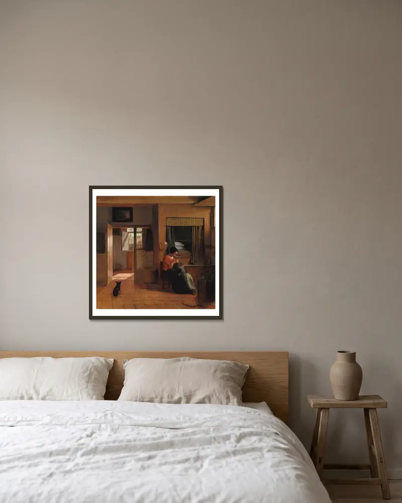 Mor som lusar sitt barn av Pieter De Hooch inramad på en vägg