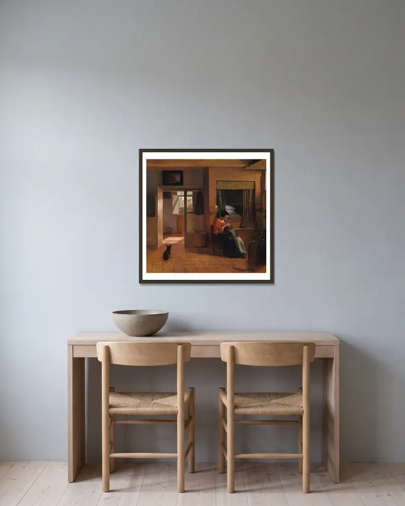 Mor som lusar sitt barn av Pieter De Hooch inramad på en vägg