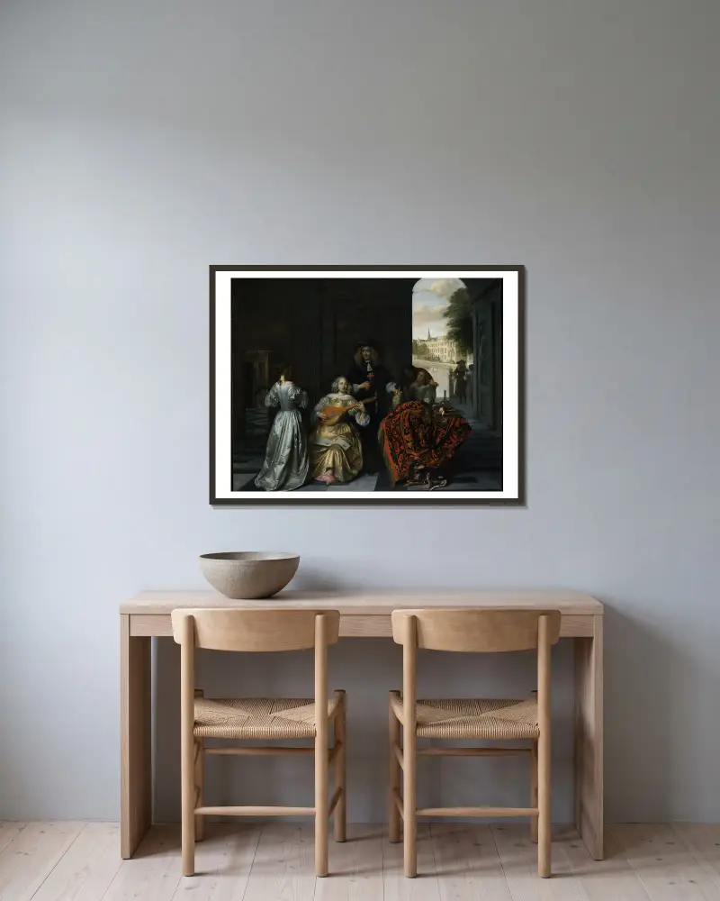 Eine Musikgesellschaft von Pieter De Hooch gerahmt an einer Wand