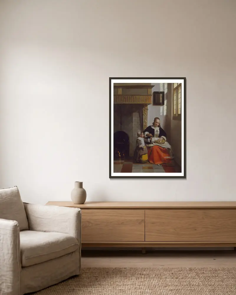 A Woman peeling Apples av Pieter De Hooch inramad på en vägg