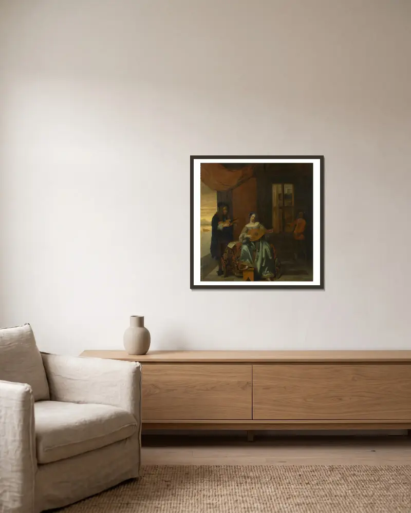 An interior scene with a woman playing a lute and a man playing a violin av Pieter De Hooch inramad på en vägg