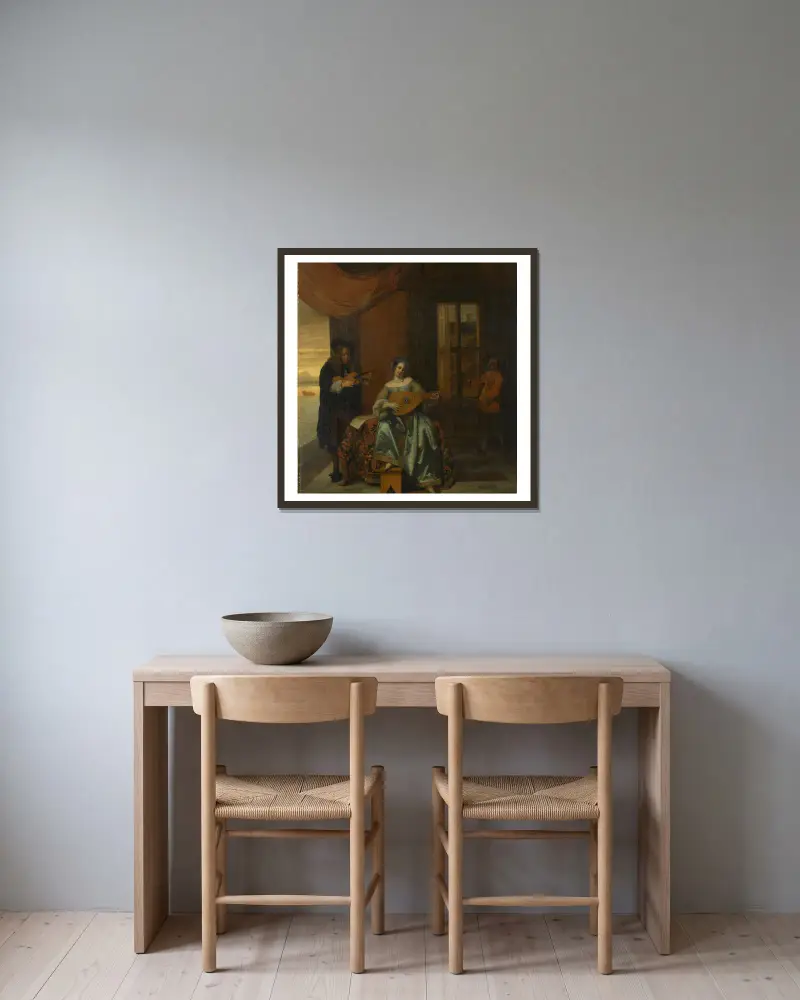 An interior scene with a woman playing a lute and a man playing a violin av Pieter De Hooch inramad på en vägg