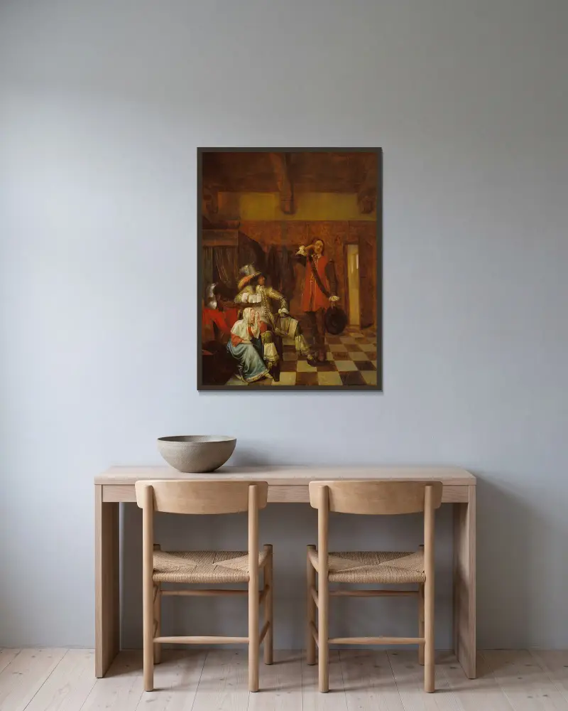 Bringer of Bad News av Pieter De Hooch inramad på en vägg