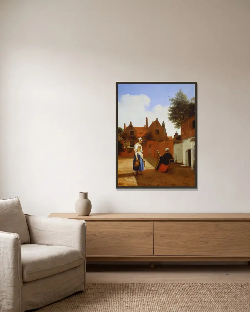 Courtyard in Delft at Evening- a Woman Spinning av Pieter De Hooch inramad på en vägg