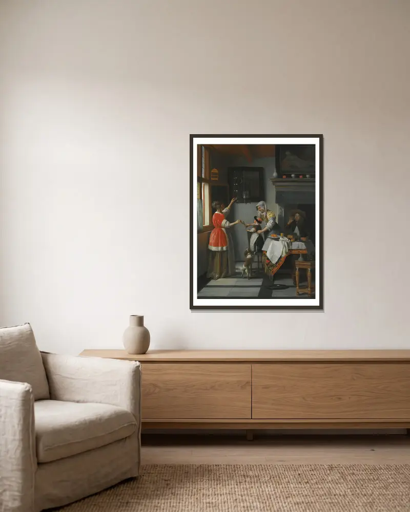 Interior With A Child Feeding A Parrot av Pieter De Hooch inramad på en vägg
