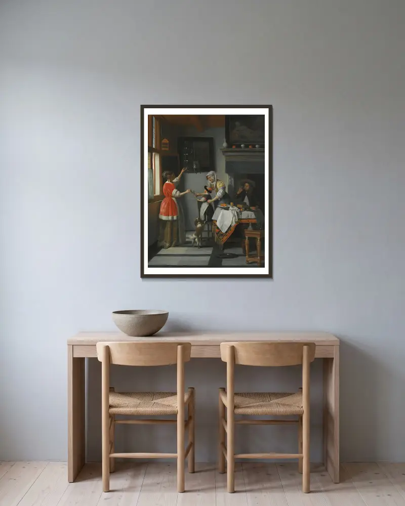 Interior With A Child Feeding A Parrot av Pieter De Hooch inramad på en vägg