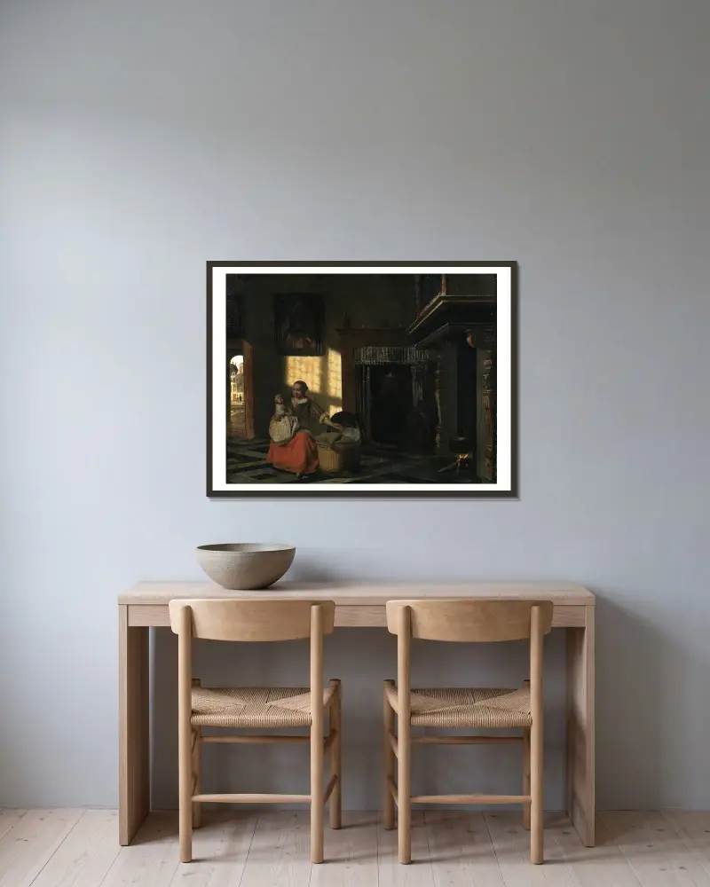 Interior with a Mother close to a Cradle (circa 1665 until 1665) av Pieter De Hooch inramad på en vägg
