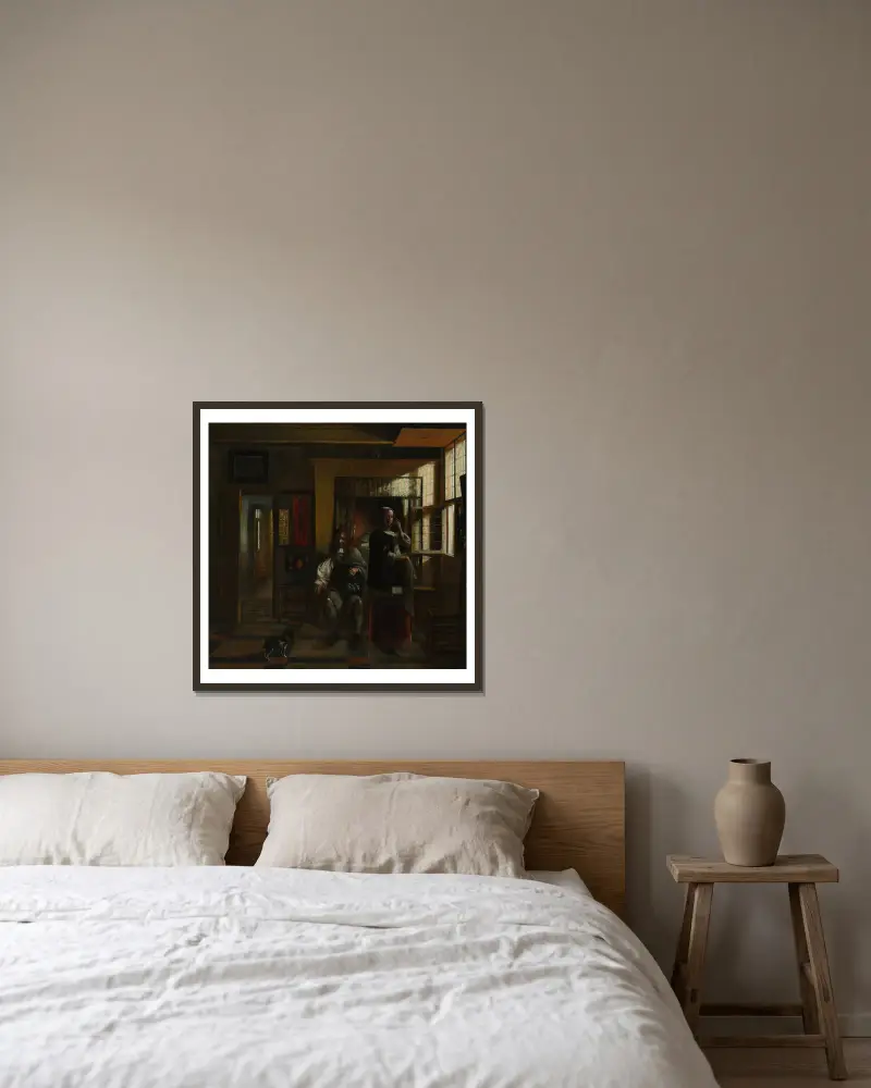 Interieur mit jungem Paar von Pieter De Hooch gerahmt an einer Wand