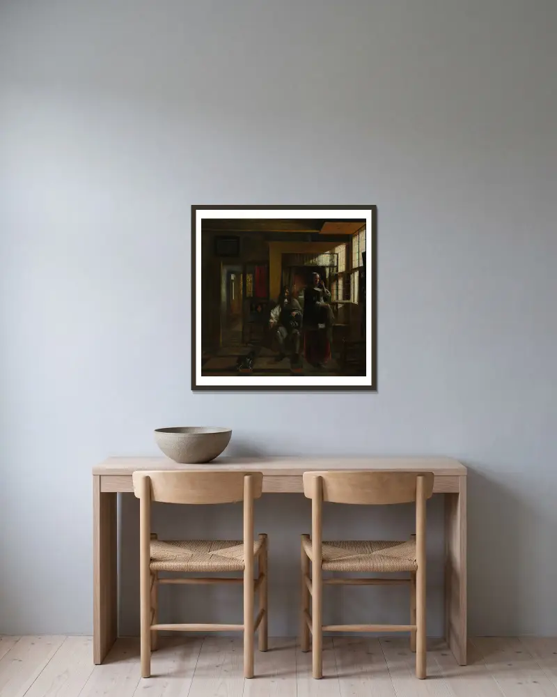 Interieur mit jungem Paar von Pieter De Hooch gerahmt an einer Wand