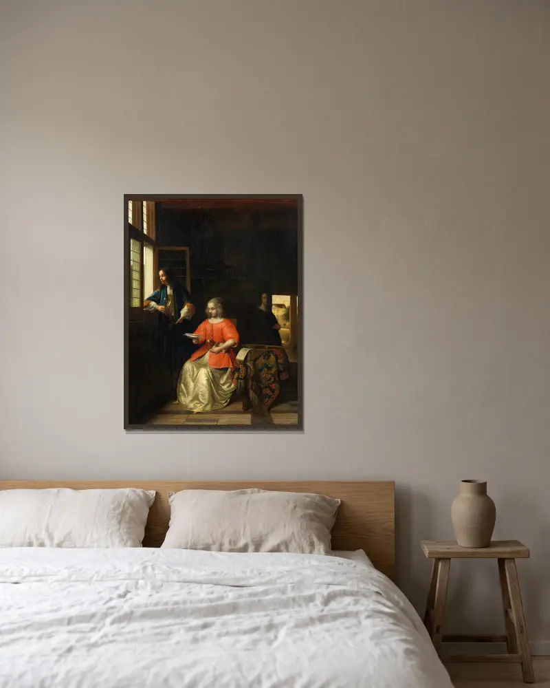 Interior with a Young Lady Reading a Letter av Pieter De Hooch inramad på en vägg