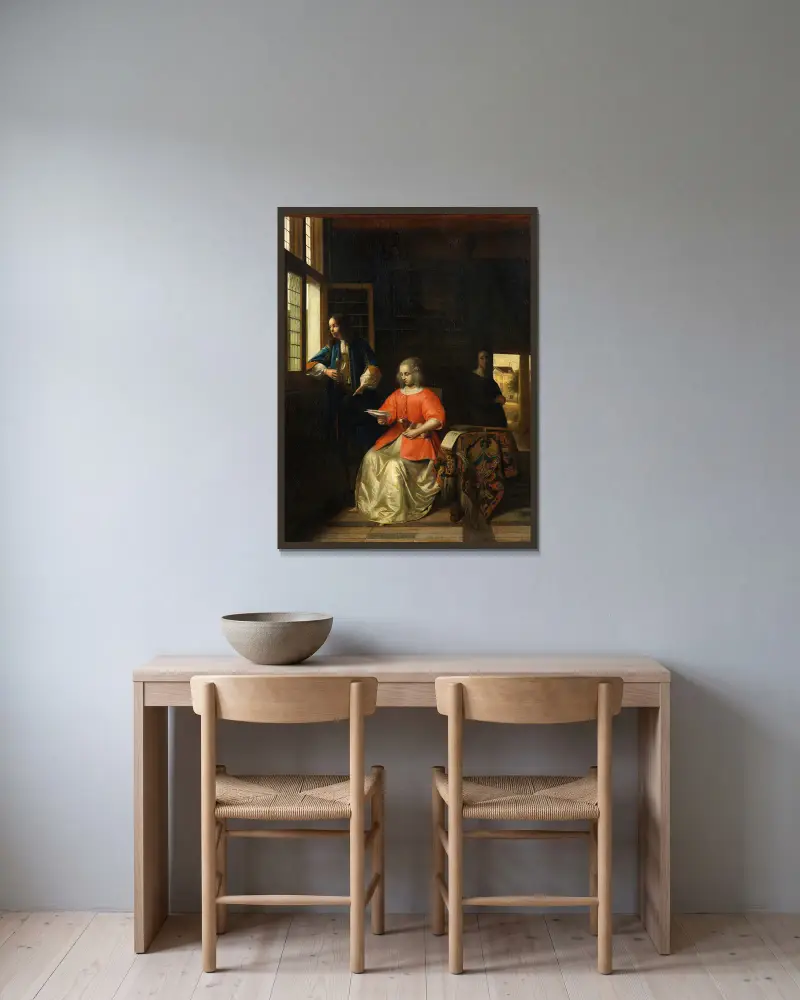 Interior with a Young Lady Reading a Letter av Pieter De Hooch inramad på en vägg
