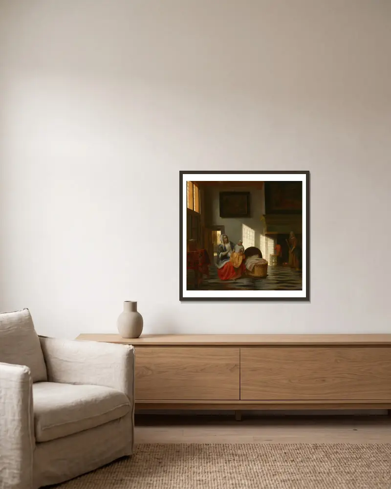 Interior with mother and child, ‘Mother joy’ av Pieter De Hooch inramad på en vägg