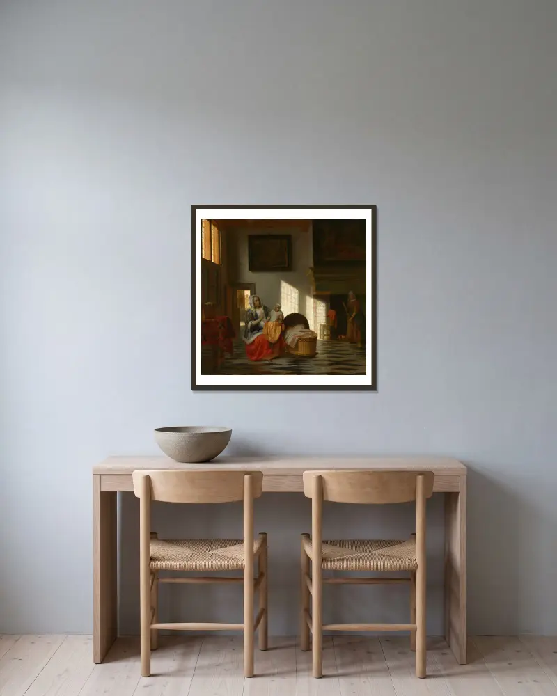 Interior with mother and child, ‘Mother joy’ av Pieter De Hooch inramad på en vägg