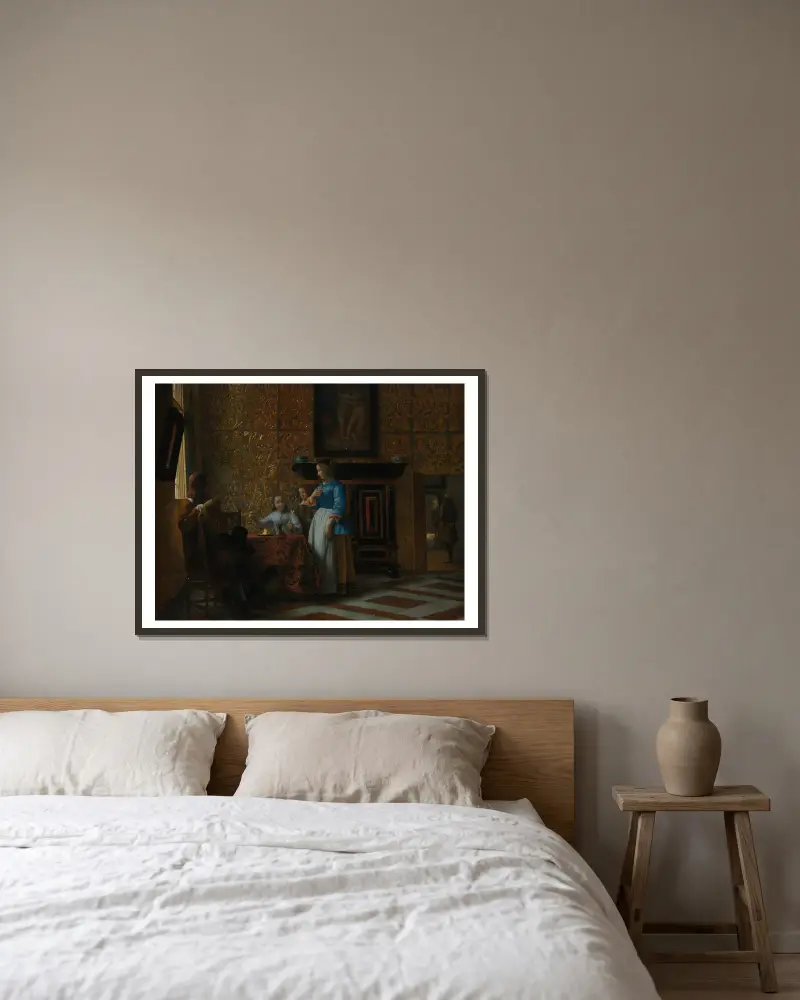 Czas wolny w eleganckim wnętrzu, Pieter De Hooch w ramie na ścianie