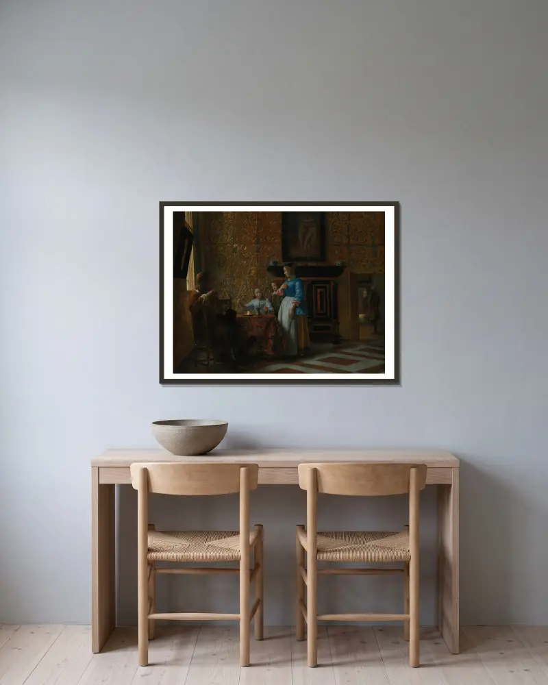 Czas wolny w eleganckim wnętrzu, Pieter De Hooch w ramie na ścianie