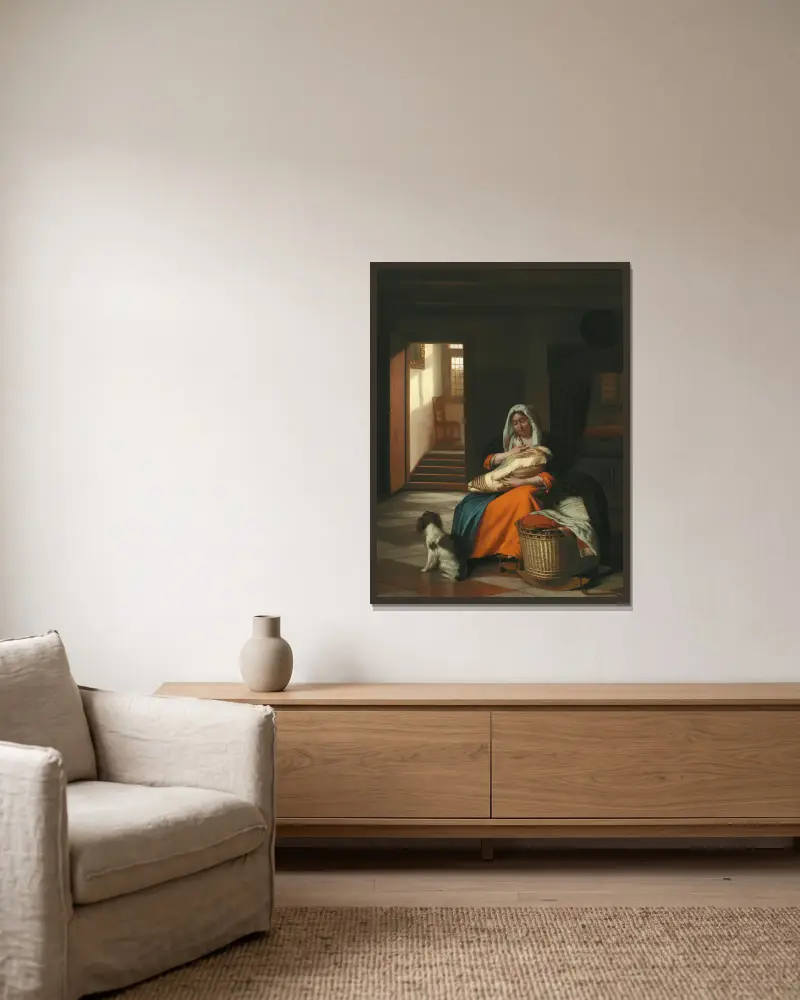 Mother Nursing Her Child av Pieter De Hooch inramad på en vägg